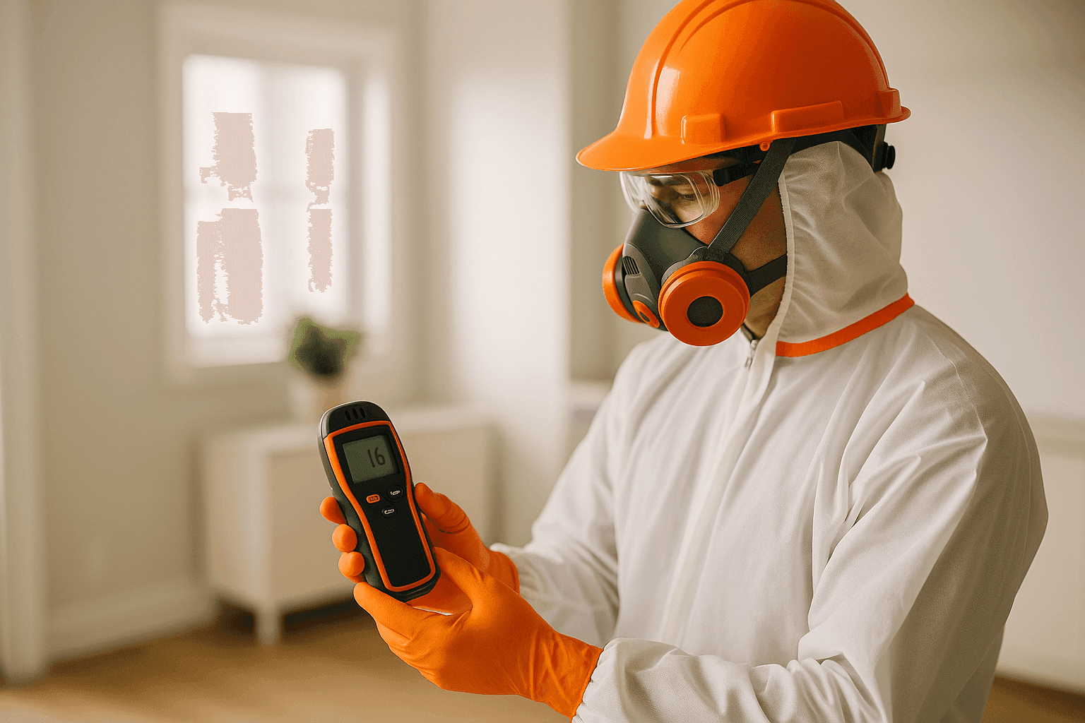 Professional mold remediation worker in PPE inspecting indoor environment with moisture meter
